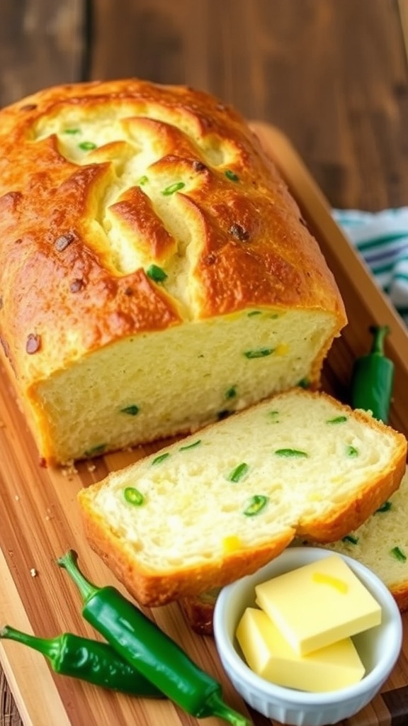 Golden-brown jalapeño cheddar bread loaf sliced on a cutting board, revealing cheese and jalapeño bits.